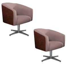 Imagem de Kit 02 Poltronas Luiza Base Giratória De Metal Corano Nozes E Linho Rosê - Adj Decor