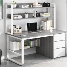 Imagem de Mesa de computador com armário e estante, mesa de escritório doméstico com 3 gavetas, mesa de trabalho industrial, estação de trabalho para casa e escritório, Grau, 47 polegadas