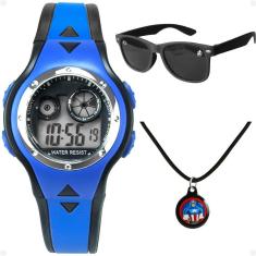 Imagem de Relogio Digital Azul Infantil + Oculos Proteção Uv + Colar Social Silicone Led Presente Casual Preto