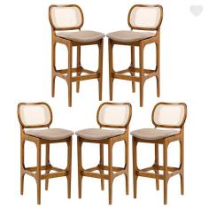 Imagem de Kit 5 Banquetas Alta para Balcão Decor Madeira Imbuia Encosto Rattan Linho Marrom L87 RMI