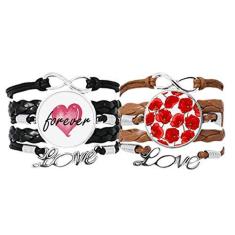 Imagem de DIYthinker Pulseira Red Flowers Corn Bespread pulseira de mão corda de couro Forever Love conjunto duplo