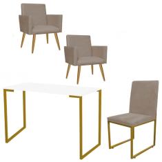 Imagem de Kit Escritório Stan 2 Poltronas com Cadeira e Mesa Industrial Tampo Branco Dourado Suede Bege - Ahz Móveis