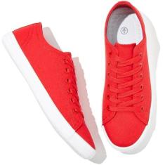 Imagem de Adokoo Tênis feminino de lona, cano baixo, casual, branco, preto, cadarço moderno e confortável, Vermelho, 37