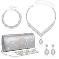 Imagem de 4 peças de bolsa de embreagem prata conjunto de joias para mulheres strass brilhante noite bolsa bolsa de mão bolsas para presente de festa de casamento, Prata