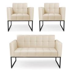 Imagem de Kit 1 Sofá Namoradeira e 2 Poltronas Elisa material sintético Bege Bas