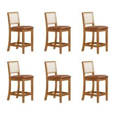 Imagem de Kit 6 Banquetas Altas de Telinha Assento Estofado Couro Pu Caramelo Ru