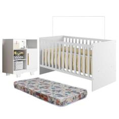 Imagem de Quarto de Bebê com Berço com Colchão Suporte Life e Cômoda 100% Mdf 1 Porta 3 Prateleiras Flocos Branco