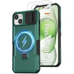 Imagem de Capa magnética para iPhone 15 Plus/14 Plus, com suporte de anel [2 protetores de tela de vidro] [compatível com MagSafe] Capa de grau militar com capa para câmera, capa à prova de choque para iPhone