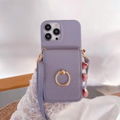 Imagem de Capa de telefone com suporte de anel para iPhone 15 14 Plus 13 12 11 Pro Max Bolsa de bolso Suporte para cartão de crédito Capa de couro com cordão crossbody, roxo claro, para iPhone 13