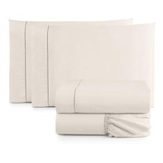 Imagem de Jogo de Cama Casal Queen Percal 400 Fios Ponto Palito 04 Peças, Antiácaro, Não faz bolinha Toque Extra Macio (Palha)