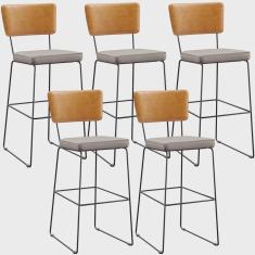 Imagem de Kit 05 Banquetas Altas Cozinha Sala Jantar Fixa Allana L02 Couríssimo Whisky Linho Bege - Lyam Decor