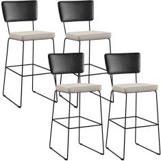 Imagem de Kit 04 Banquetas Altas Cozinha Sala Jantar Fixa Allana L02 Couríssimo Preto Linho Cru - Lyam Decor