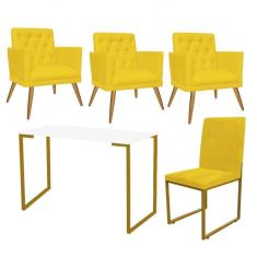 Imagem de Kit Escritório Stan 3 Poltronas Maria e Cadeira e Mesa Industrial Branco Dourado Suede Amarelo - Ahz Móveis
