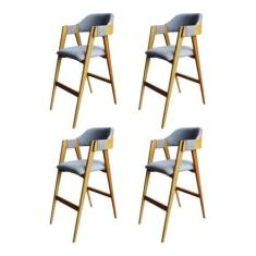 Imagem de Kit 4 Banquetas Laura Madeira Maciça de Eucalipto Verniz Linho Cinza/Marrom