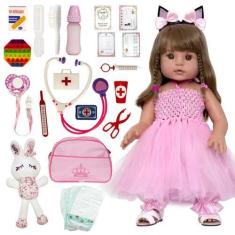 Imagem de Bebê Reborn Boneca Cabelos Castanhos Enxoval Completo Npk - Npk Dolls