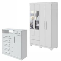 Imagem de Conjunto de Guarda-roupa 4 Portas com Espelho e Pés Zeus e Cômoda Da Vinci Branco