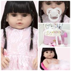 Imagem de Boneca Reborn Morena Realista Vestido Rosa Itens Enxoval - Cegonha Reb
