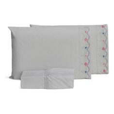 Imagem de Jogo De Lençol Bordado Queen  Percal Puro Algodão Cinza - Lu Enxovais
