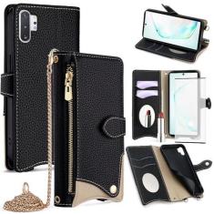 Imagem de Capa de celular para Samsung Galaxy Note 10 Plus Note10+ 5G capa carteira com protetor de tela e espelho flip, compartimento para cartão, suporte, alça transversal, nota 10 + notas 10 + dez não S10 10