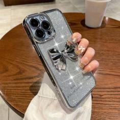 Imagem de Luxo quadrado chapeamento bowknot glitter caso para iphone 13 12 11 pro max à prova de choque transparente bonito capa, prata, para iphone 11pro max