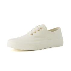 Imagem de CUSHIONAIRE Tênis feminino Freshman Canvas Lace-Up com espuma viscoelástica, larguras disponíveis | Sapatos de caminhada casuais, leves e confortáveis, Tela branca, 38