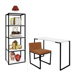 Imagem de Kit Escritório Ravi 1 Cadeira Suede Terracota com 1 Mesa e 1 Livreiro Ferro Preto MDF Branco - Ahazzo Móveis