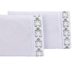 Imagem de Jogo lençol Padrão casal bordado 3 peças branco Verde veneza