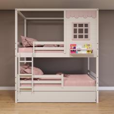 Imagem de Treliche Casinha Reta Com Grade Removível Madeira Maciça Branco/ Rosa Housin