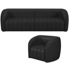 Imagem de Kit Sofá 4 Lugares Para Sala 292cm com 01 Poltrona Lazio M03 Corano Preto - Lyam Decor