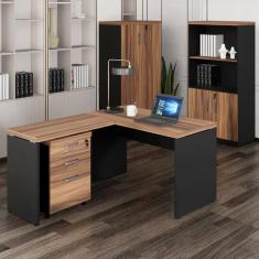 Imagem de Mesa de Escritório em L com Gaveteiro, Armário Estante e Armário Fechado Espresso Móveis Marrom/Preto