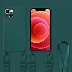Imagem de Estojo com alça de cordão transversal para iPhone 11 12 14 13 Pro Max Mini XS X XR 7 8 Plus SE Capa de silicone líquido, verde escuro, para iPhone 12 Pro