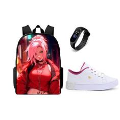 Imagem de Conjunto Feminino Escolar Bolsa Mais Tenis E Relogio Infantil Volta As