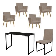 Imagem de Kit Escritório Stan 4 Poltronas Rodapé com Cadeira e Mesa Industrial Tampo Preto Suede Bege - Ahz Móveis