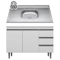 Imagem de Balcão De Cozinha Com Pia Inox 100cm 3 Gavetas Andréia Branco