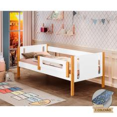 Imagem de Cama De Solteiro Infantil Mirela Branca/Mel Com Grade De Proteção E Colchão Branco