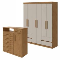 Imagem de Conjunto de Guarda-Roupa 6 Portas 4 Gavetas Zeus e Cômoda 1 Porta 6 Gavetas 1 Nicho Da Vinci Amêndoa Clean/Off White