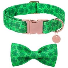 Imagem de DOGWONG Coleira de cachorro do Dia de São Patrício - Coleira de cachorro com trevos fofos com laço, coleiras de algodão com fivela de metal para cães pequenos, médios e grandes