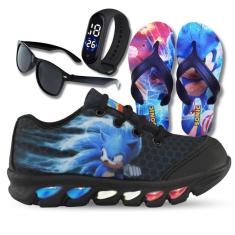 Imagem de tenis de led infantil masculino sonic preto com luzinha meninos mais chinelo com relogio e oculos-Masculino
