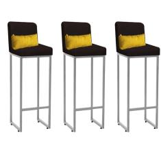 Imagem de Kit 03 Banqueta Alta com Encosto Lucca Industrial Cozinha Balcão Ferro Cinza Suede Marrom e Almofada Amarelo - Ahazzo Móveis