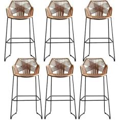 Imagem de Banqueta de bar de vime de vime de vime com apoio para os pés e encosto, banco de bar alto estilo simples com base de metal preto, para cozinha, pub, café, balcão, casa, cadeira de jantar de vime, 6