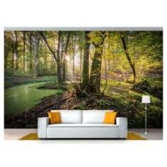Imagem de Papel De Parede Lago Floresta Árvores Sol 3D Nlk130