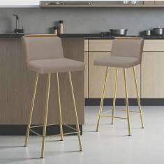 Imagem de Kit 02 Banquetas Com Encosto Menne Eiffel Bistrô Cozinha Aplique Ferro Dourado Suede Bege - Ahazzo Móveis