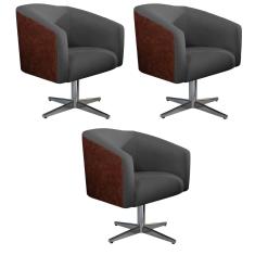 Imagem de Kit 03 Poltronas Luiza Base Giratória de Metal Corano Nozes e Linho Chumbo - Amarena Móveis