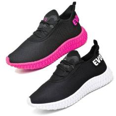 Imagem de 2 Tênis Feminino Caminhada Colmeia Confortavel Exclusivo Preto E Rosa