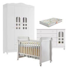 Imagem de Quarto de Bebê New Selena 4 Portas com Cômoda Gran Selena e Berço Mirelle Branco Brilho e Colchão Gazin - Carolina Móveis