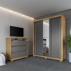 Imagem de Kit Guarda Roupa Casal Dallas 3 Portas 2 Gavetas com Espelho e Cômoda Austin 3 Gavetas I01 - Clique Chique Móveis