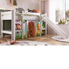 Imagem de Cama Infantil com Degrau Escorregador Cortina Estampada Zoo - Completa
