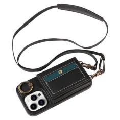 Imagem de Carteira de anel crossbody com porta-cartão capa de telefone para iPhone 15 14 13 12 11 Pro Max XS XR X 7 8 Plus capa de couro, preta, para iPhone 15Pro Max