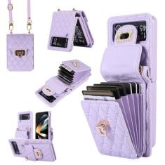 Imagem de Carteira de couro porta-cartões capa de telefone para Samsung Galaxy Z Flip 5 Filp 4 Filp 3 compartimentos para cartões Bolsa crossbody capa traseira de metal, roxa, para Galaxy Z Flip 5