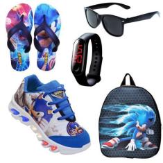 Imagem de Kit Tênis De Led Infantil Menino Masculino Sonic + Chinelo + Mochila +